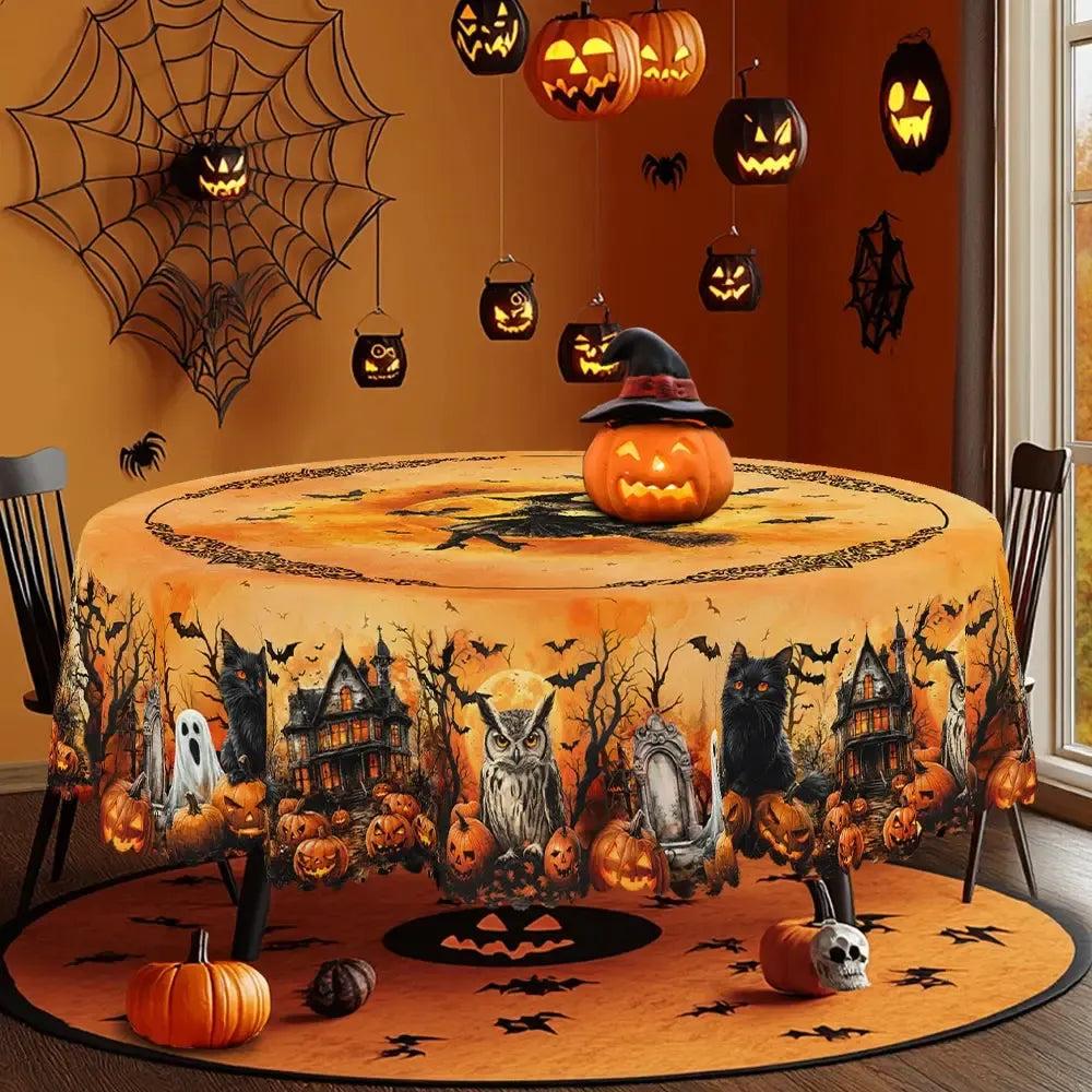 Flying Witch, Black Cat, Pumpkin, Haunted House Halloween Tablecloth - Gothic Tablecloth Table Decoration-MoonChildWorld