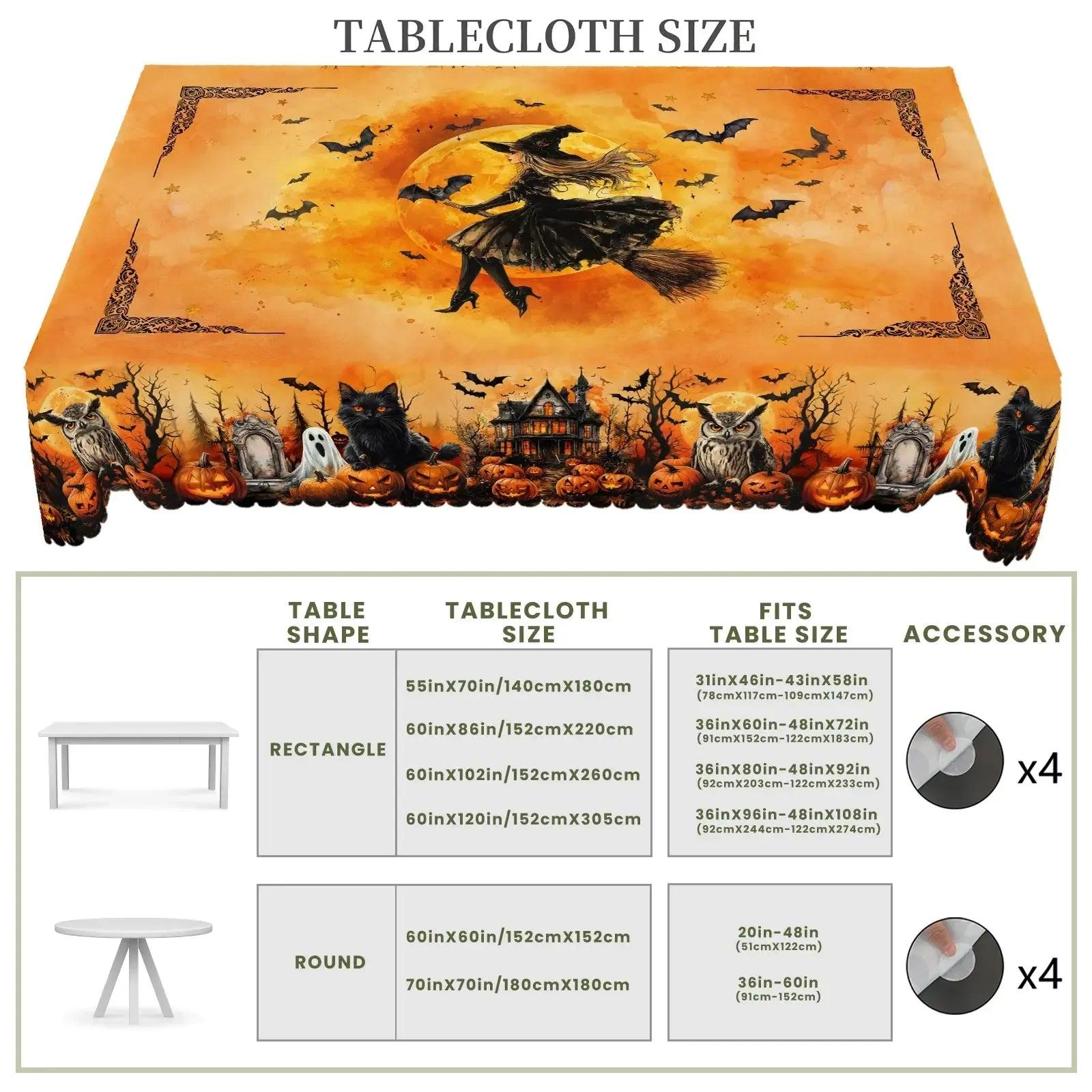 Flying Witch, Black Cat, Pumpkin, Haunted House Halloween Tablecloth - Gothic Tablecloth Table Decoration-MoonChildWorld