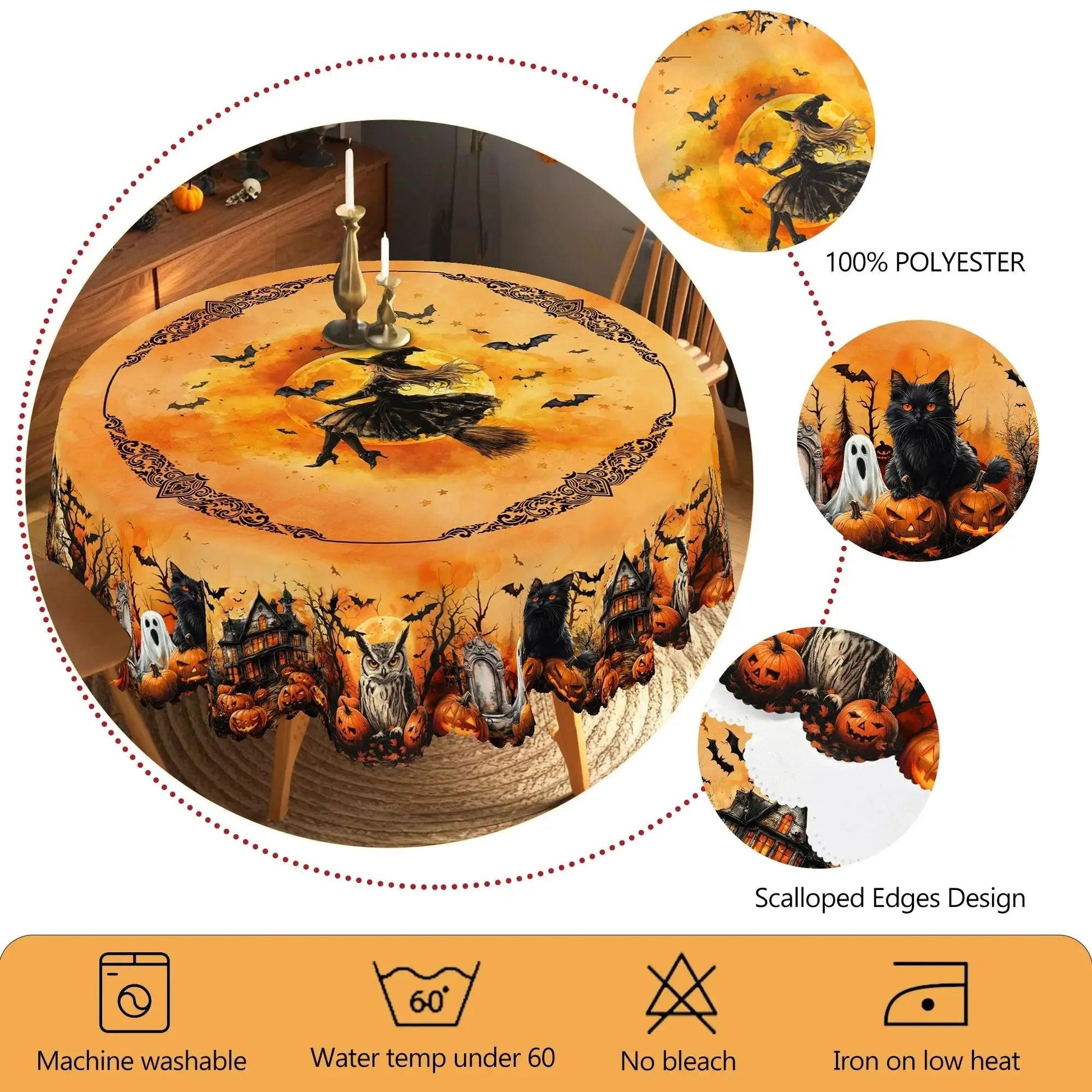 Flying Witch, Black Cat, Pumpkin, Haunted House Halloween Tablecloth - Gothic Tablecloth Table Decoration-MoonChildWorld