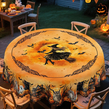 Flying Witch, Black Cat, Pumpkin, Haunted House Halloween Tablecloth - Gothic Tablecloth Table Decoration-MoonChildWorld