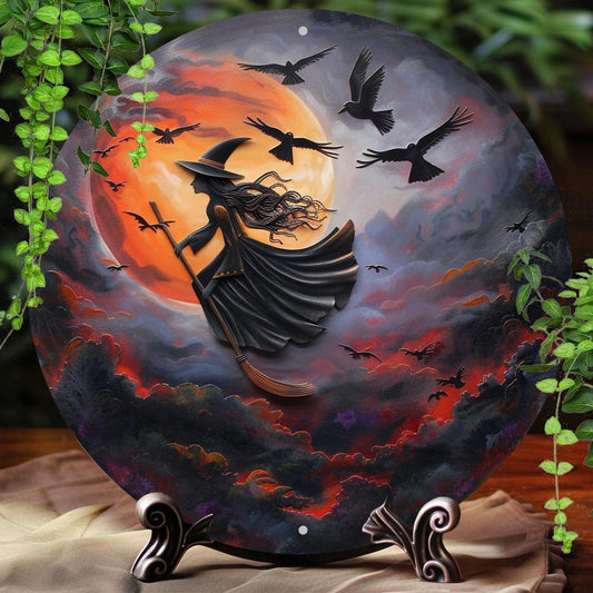 Flying Witch Metal Sign Gothic Wall Sign Halloween Decor-MoonChildWorld