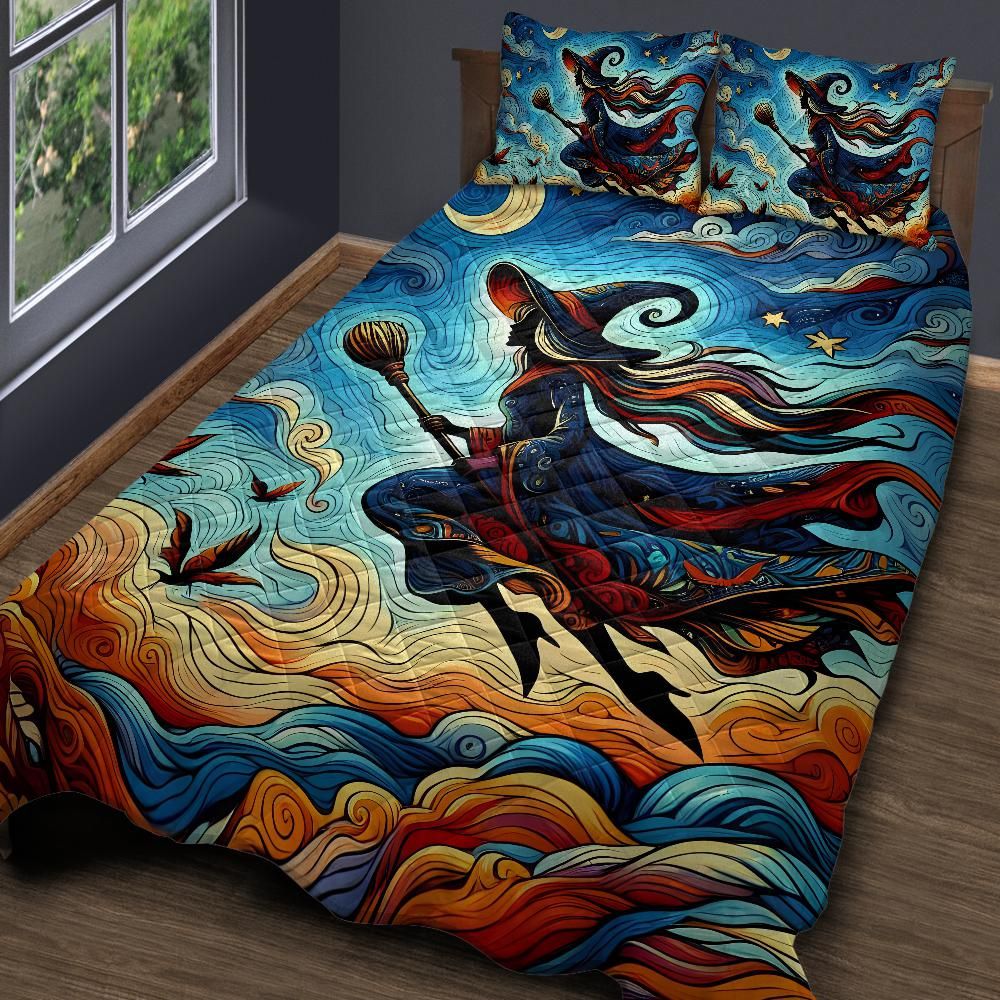 Flying Witch Quilt Bedding Set for Witchy Home Decor-MoonChildWorld