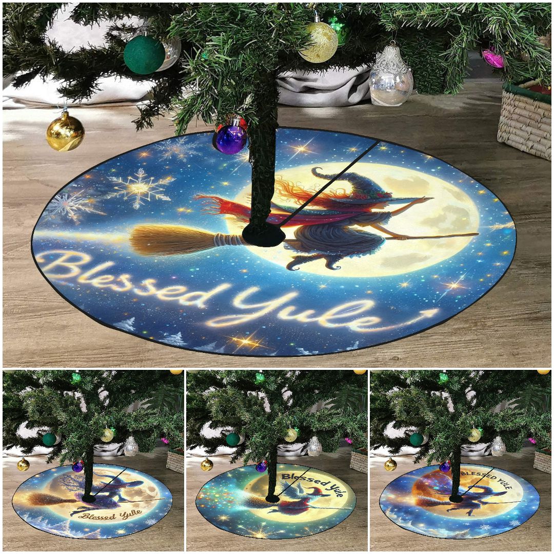 Full Moon and Flying Witch Christmas Tree Skirt for Yule Decor-MoonChildWorld