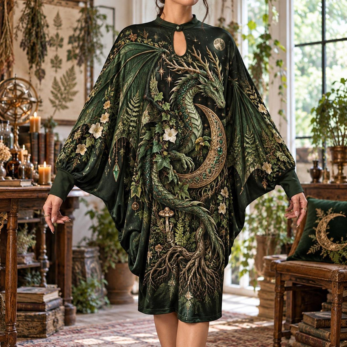 Forest Dragon Crescent Moon Pagan Batwing Dress – Green Witch Midi – worn, front view