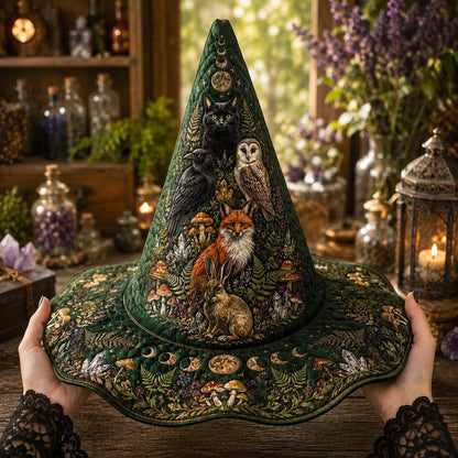 Forest Familiar Witch Hat – Fox Owl Hare Pagan Woodland Brim Hat – worn, front view