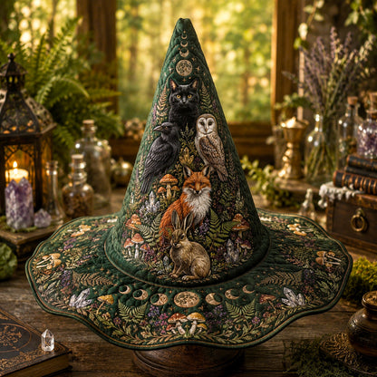 Forest Familiar Witch Hat – Fox Owl Hare Pagan Woodland Brim Hat – on an altar table