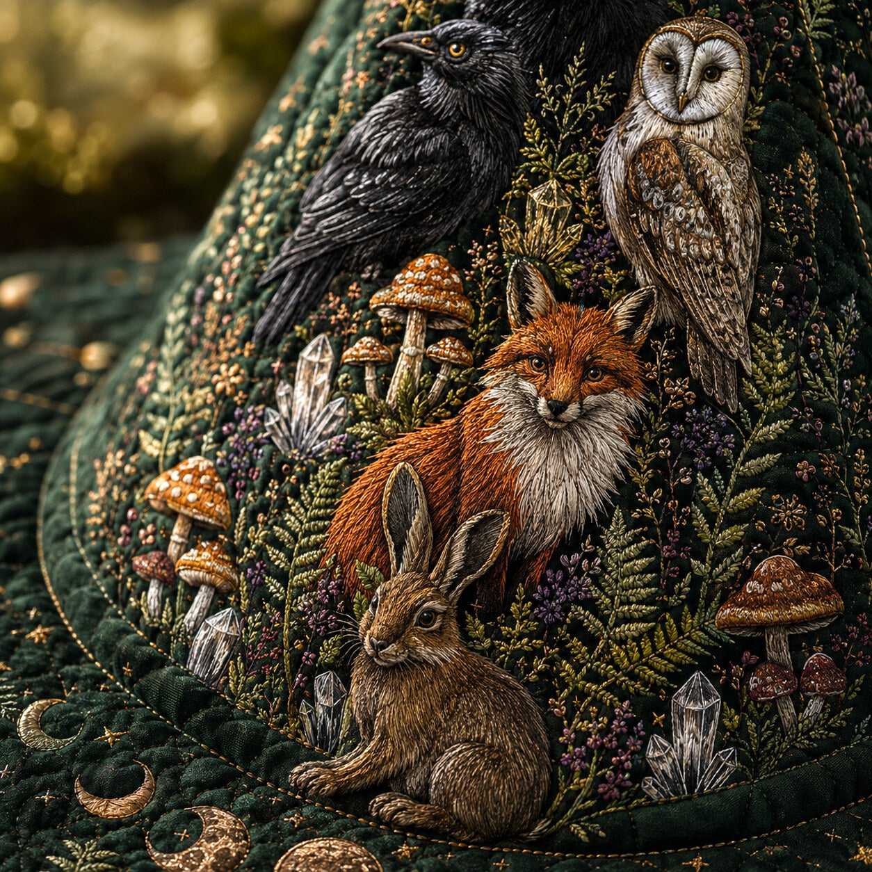 Forest Familiar Witch Hat – Fox Owl Hare Pagan Woodland Brim Hat – styled with candles and crystals