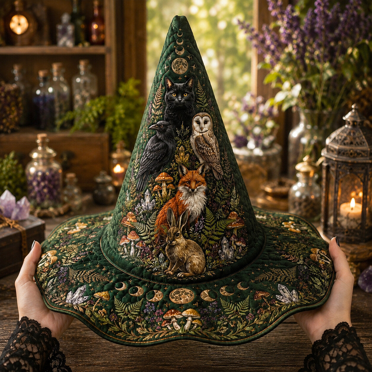 Forest Familiar Witch Hat – Fox Owl Hare Pagan Woodland Brim Hat – worn, front view