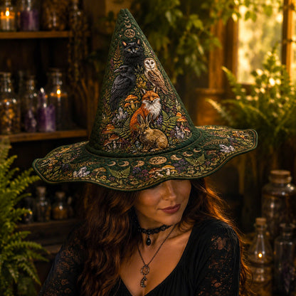 Forest Familiar Witch Hat – Fox Owl Hare Pagan Woodland Brim Hat – quilting and print detail