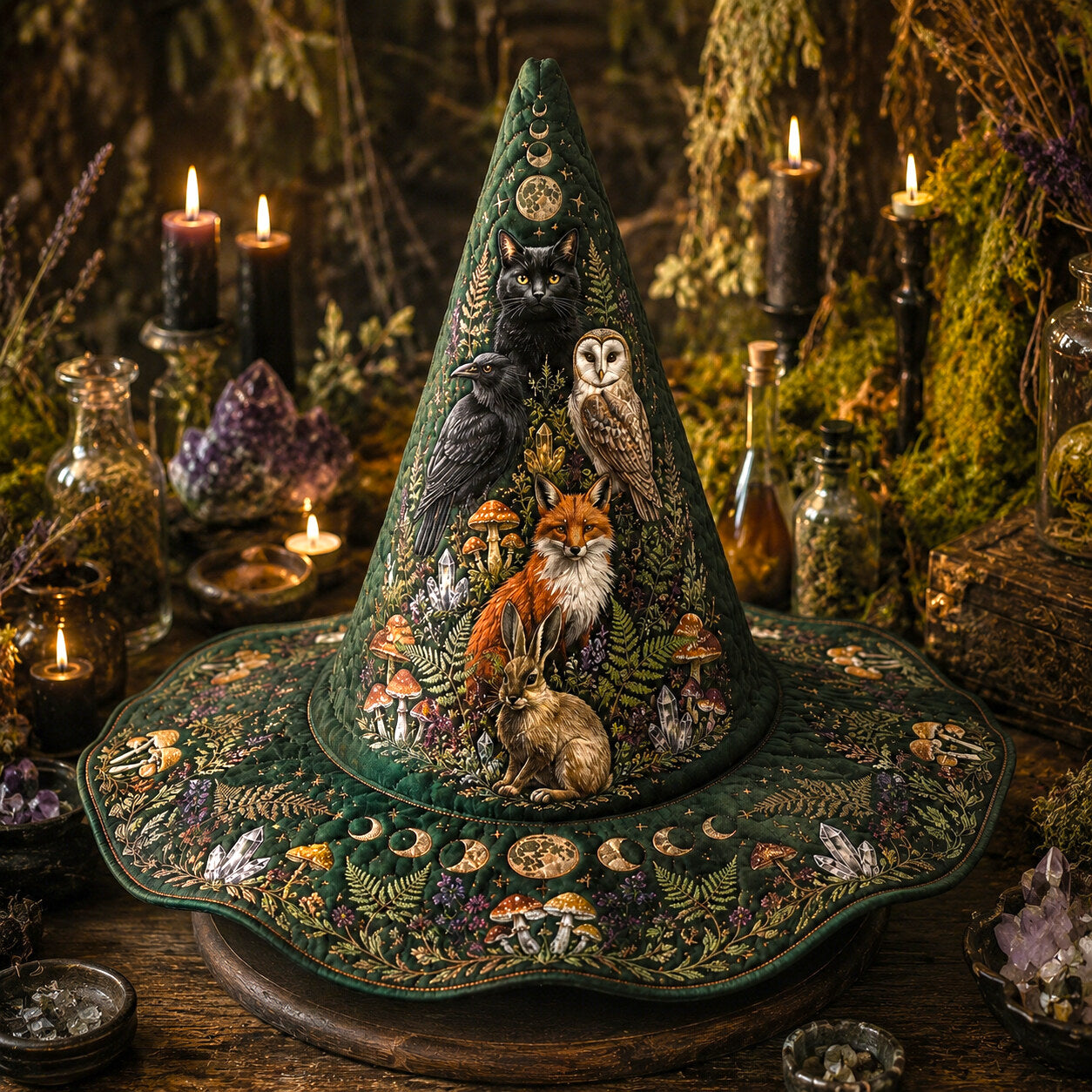 Forest Familiar Witch Hat – Fox Owl Hare Pagan Woodland Brim Hat – held in both hands