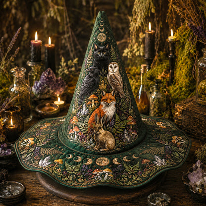 Forest Familiar Witch Hat – Fox Owl Hare Pagan Woodland Brim Hat – held in both hands
