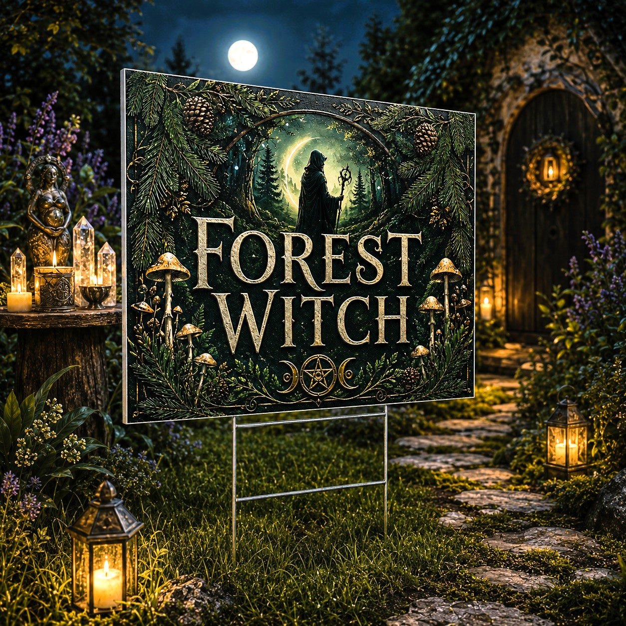 Forest Witch Silhouette Full Moon Wicca Yard Sign - garden display