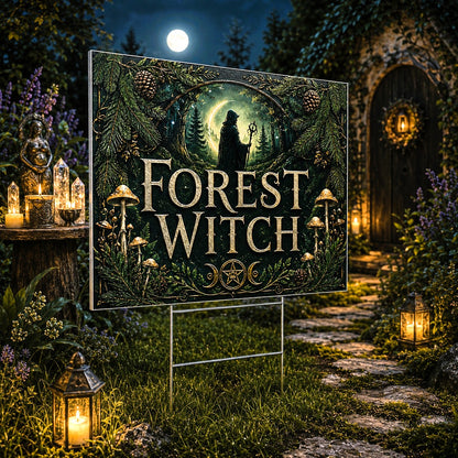 Forest Witch Silhouette Full Moon Wicca Yard Sign - garden display