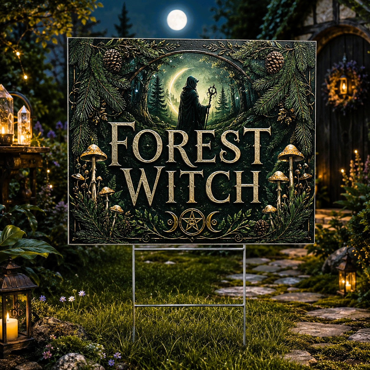 Forest Witch Silhouette Full Moon Wicca Yard Sign - front view