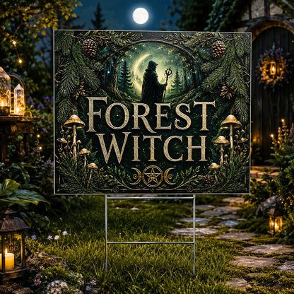 Forest Witch Silhouette Full Moon Wicca Yard Sign - front view