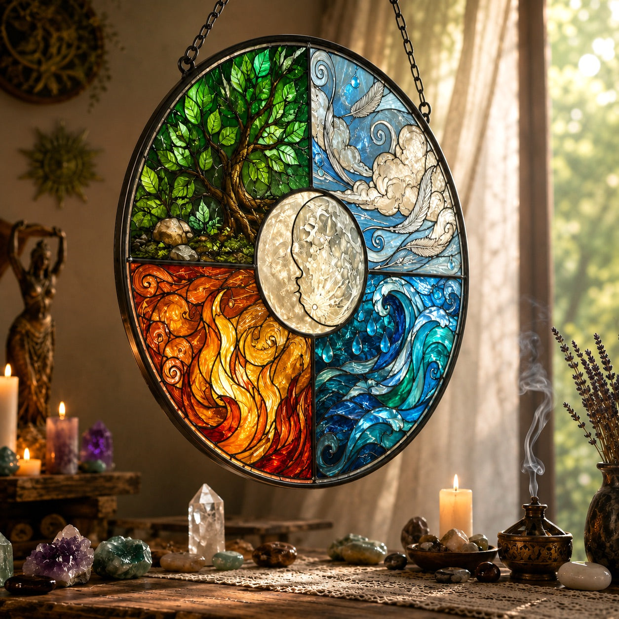 Four Elements Glass Suncatcher - hanging view