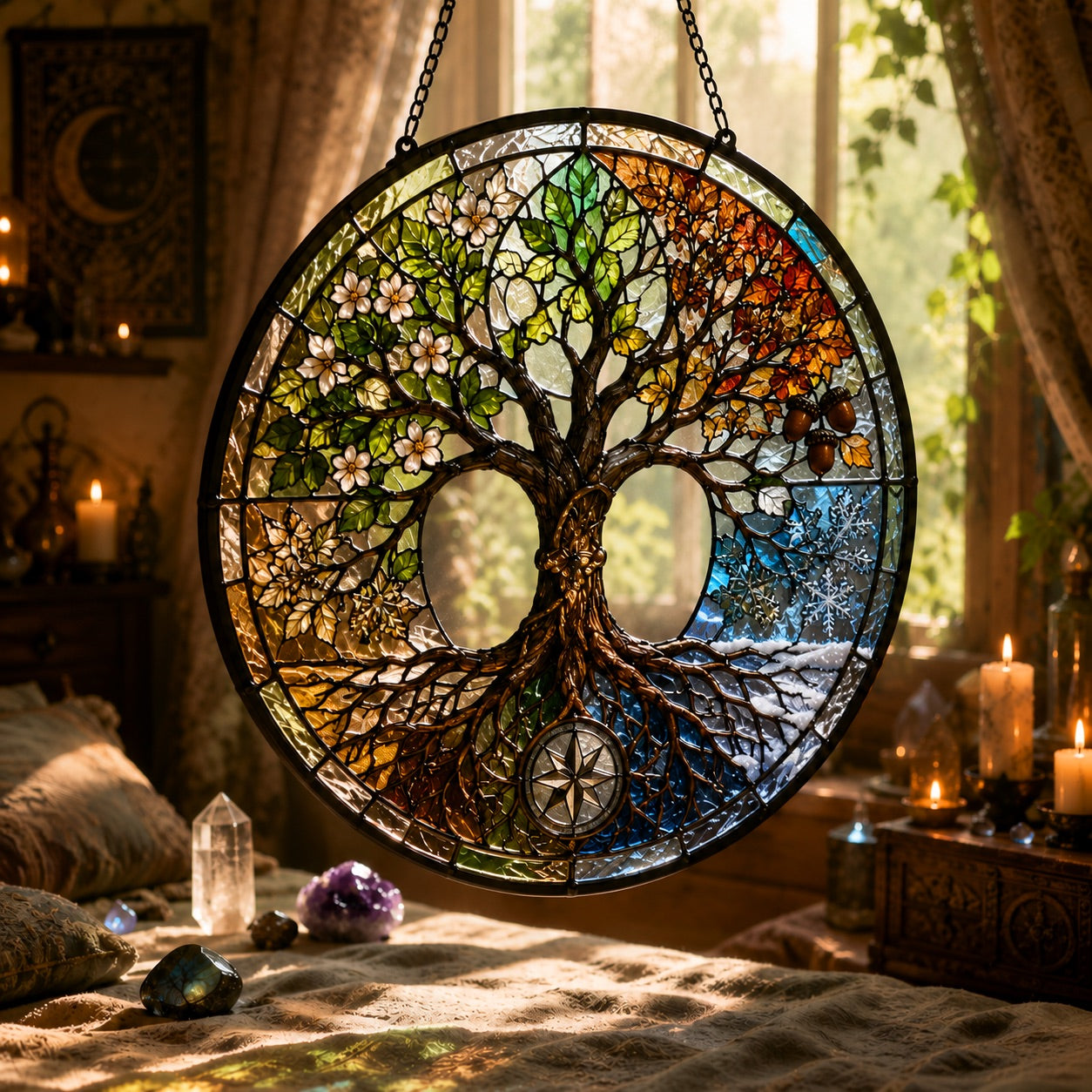Four Seasons Tree of Life Glass Suncatcher - hanging view