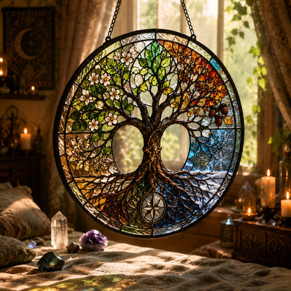Four Seasons Tree of Life Glass Suncatcher - hanging view