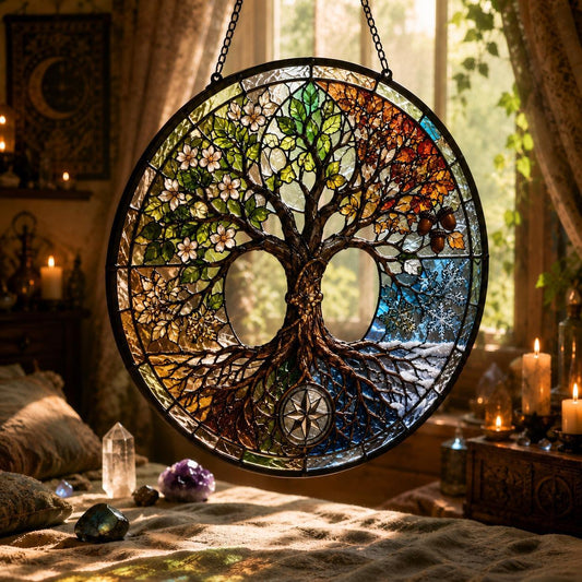 Four Seasons Tree of Life Glass Suncatcher - hanging view