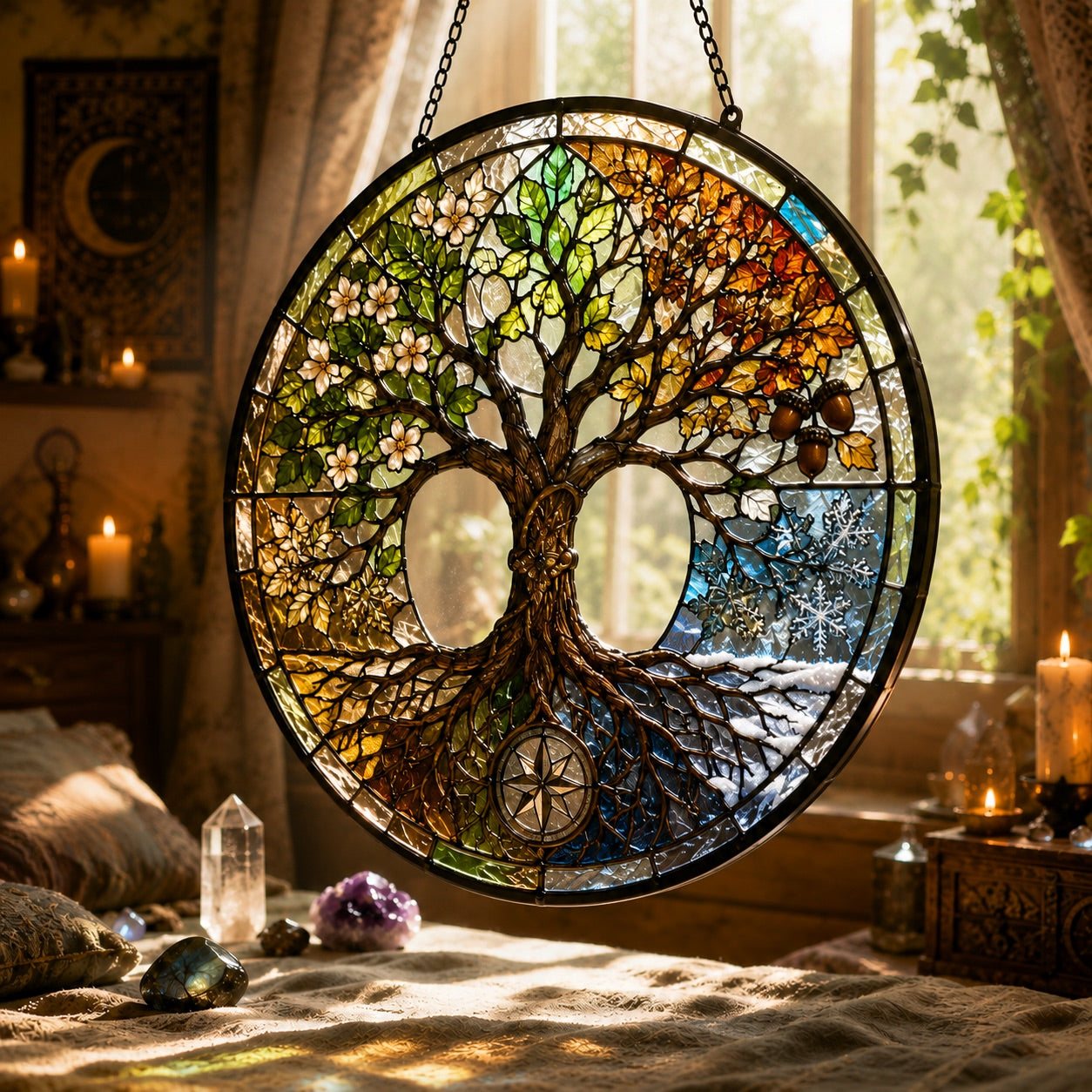 Four Seasons Tree of Life Glass Suncatcher - close up detail