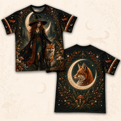 Fox Familiar Forest Witch T-Shirt Crescent Moon Autumn Tee front and back together