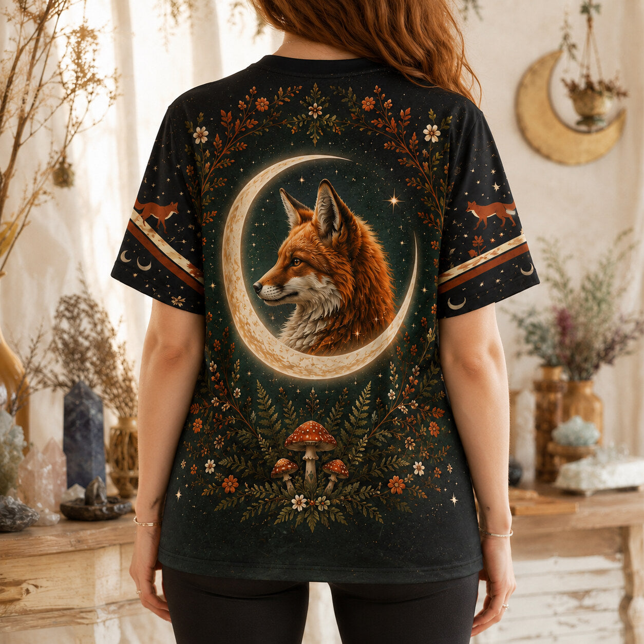 Fox Familiar Forest Witch T-Shirt Crescent Moon Autumn Tee worn, back view