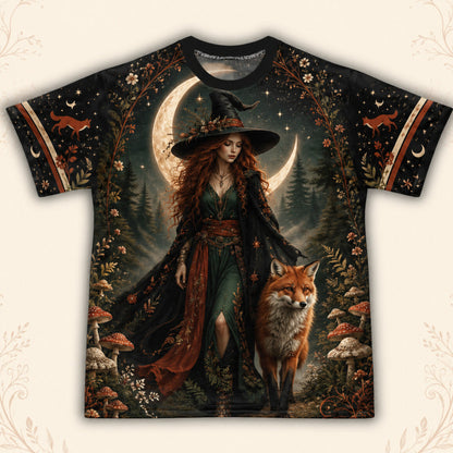 Fox Familiar Forest Witch T-Shirt Crescent Moon Autumn Tee front view
