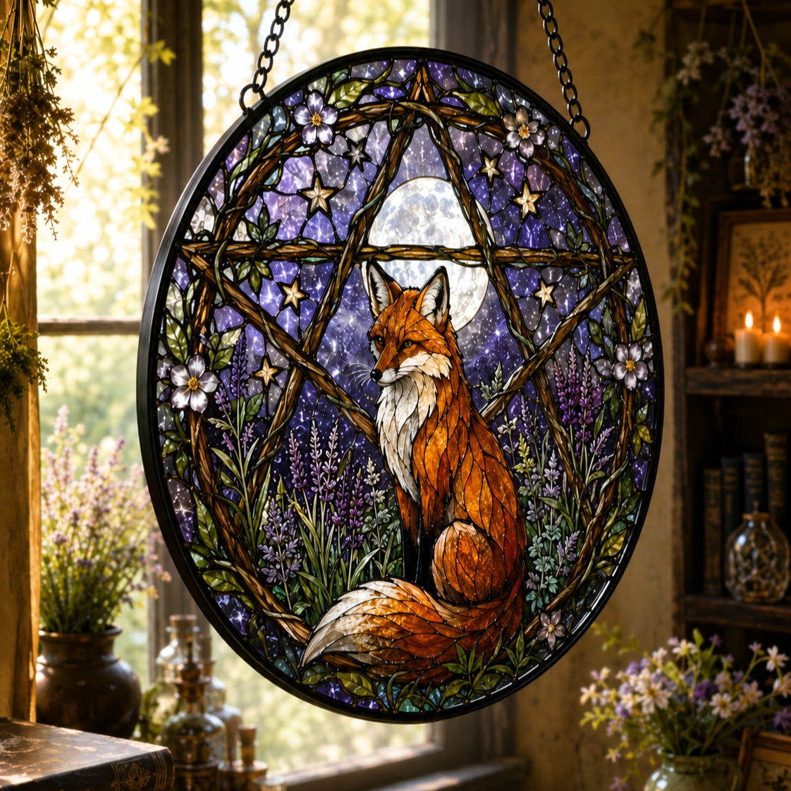 Fox Familiar Pentacle Glass Suncatcher - hanging view