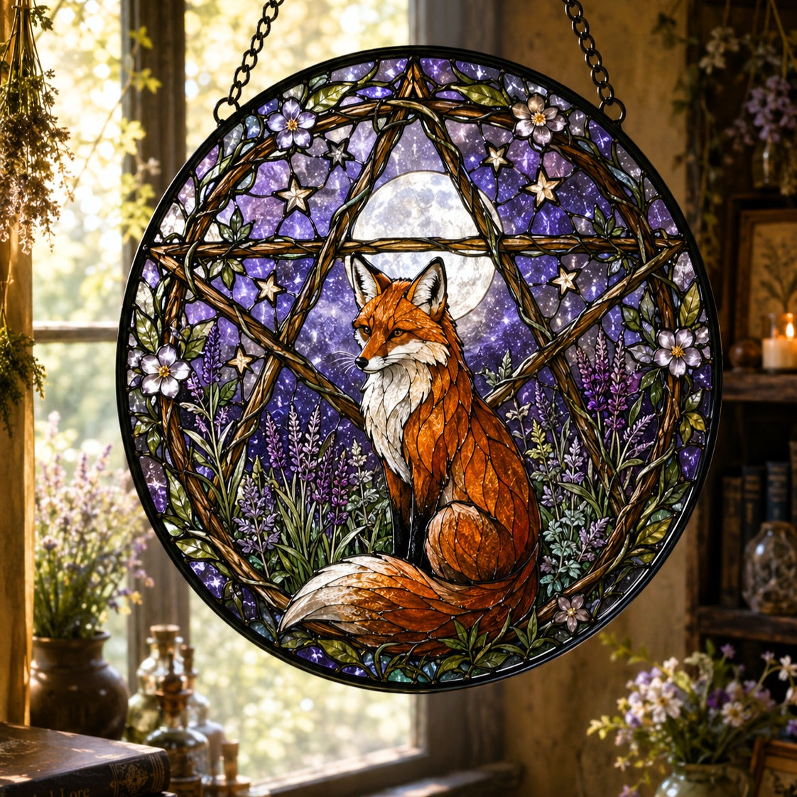 Fox Familiar Pentacle Glass Suncatcher - window display