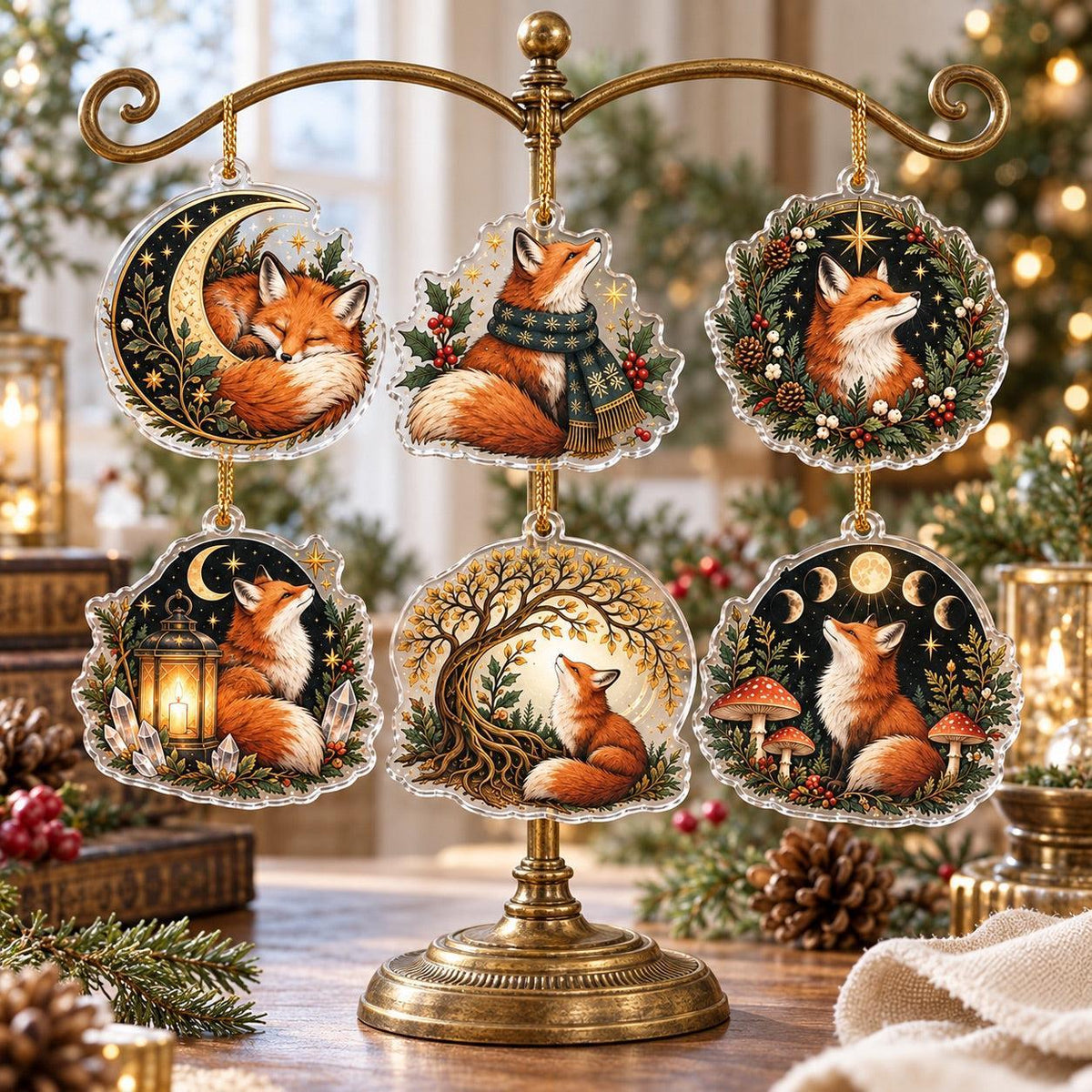 Fox Familiar Woodland Acrylic Ornament Set – Witchy Yule Christmas Decor – set of 6, another view