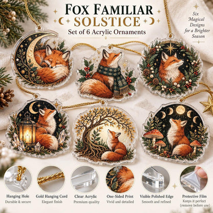 Fox Familiar Woodland Acrylic Ornament Set – Witchy Yule Christmas Decor – ornament size and details