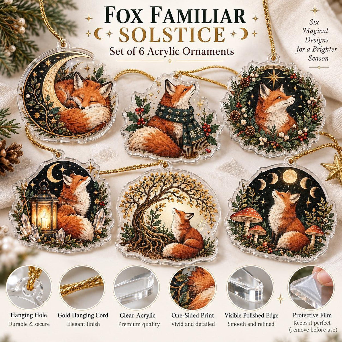 Fox Familiar Woodland Acrylic Ornament Set – Witchy Yule Christmas Decor – ornament size and details