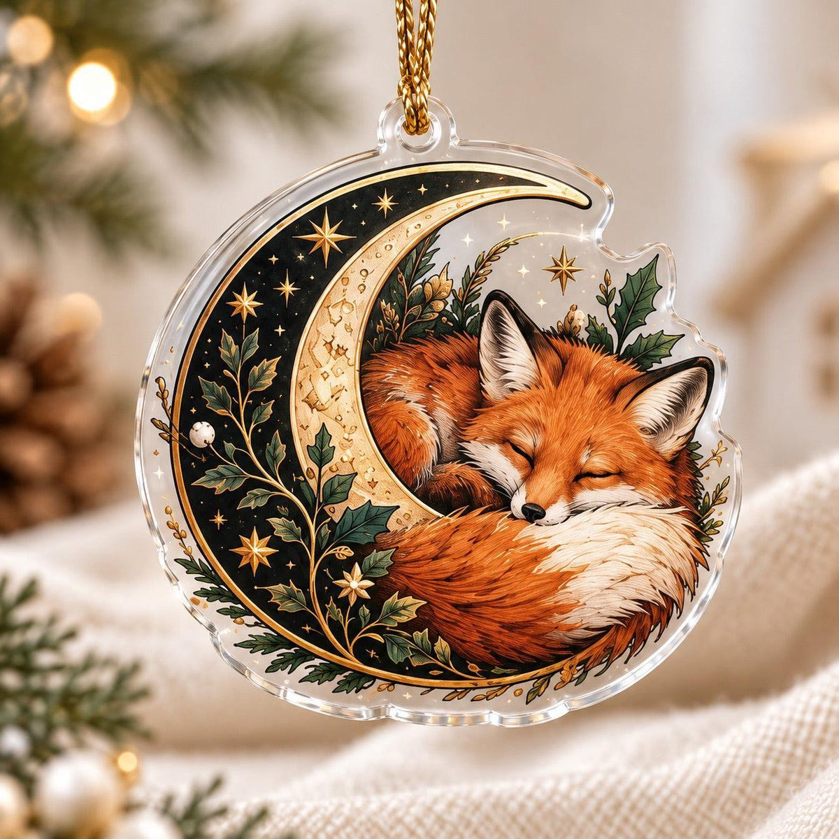 Fox Familiar Woodland Acrylic Ornament Set – Witchy Yule Christmas Decor – Crescent Sleeping Fox ornament