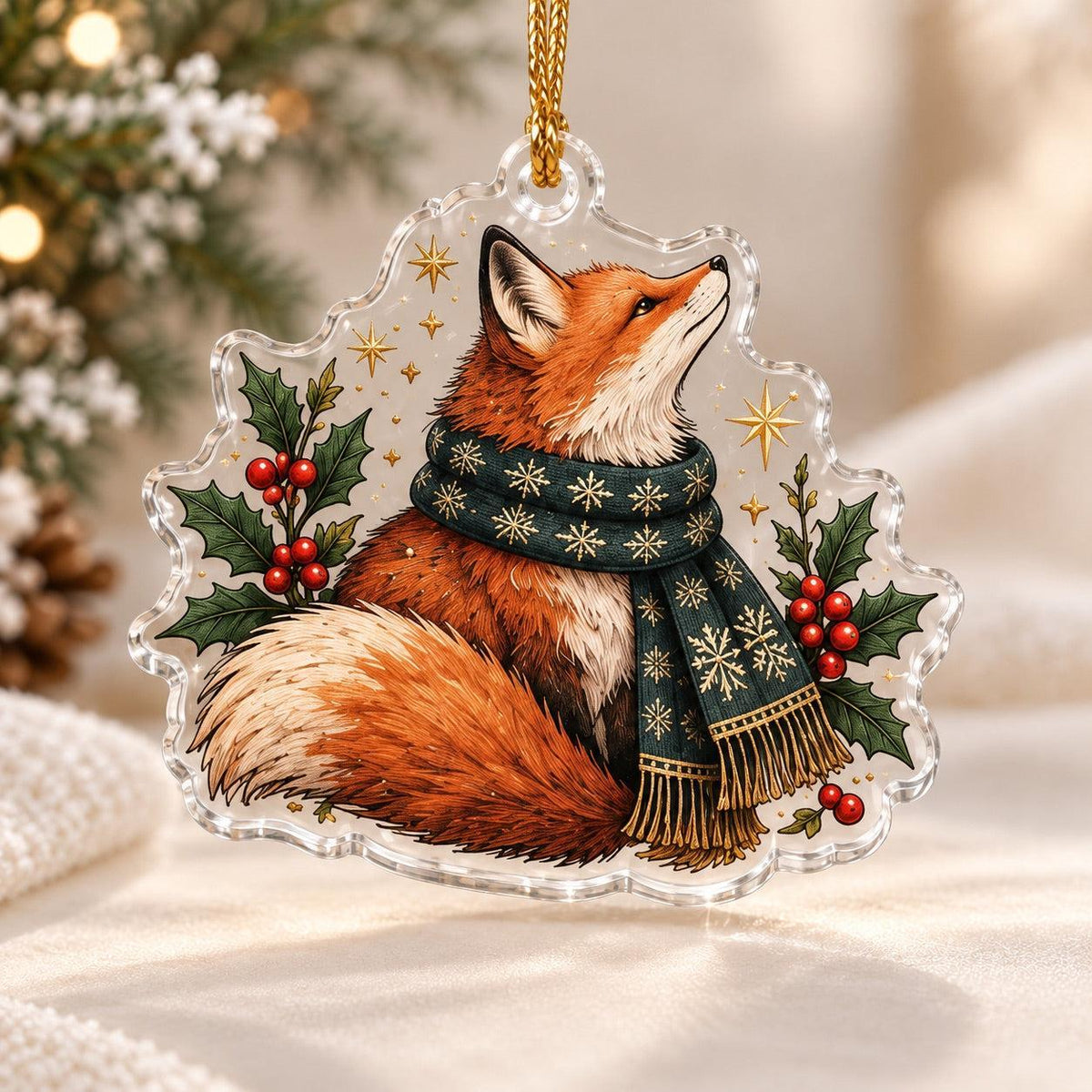 Fox Familiar Woodland Acrylic Ornament Set – Witchy Yule Christmas Decor – Winter Scarf Fox ornament