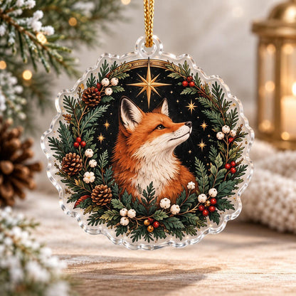 Fox Familiar Woodland Acrylic Ornament Set – Witchy Yule Christmas Decor – Star Wreath Fox ornament