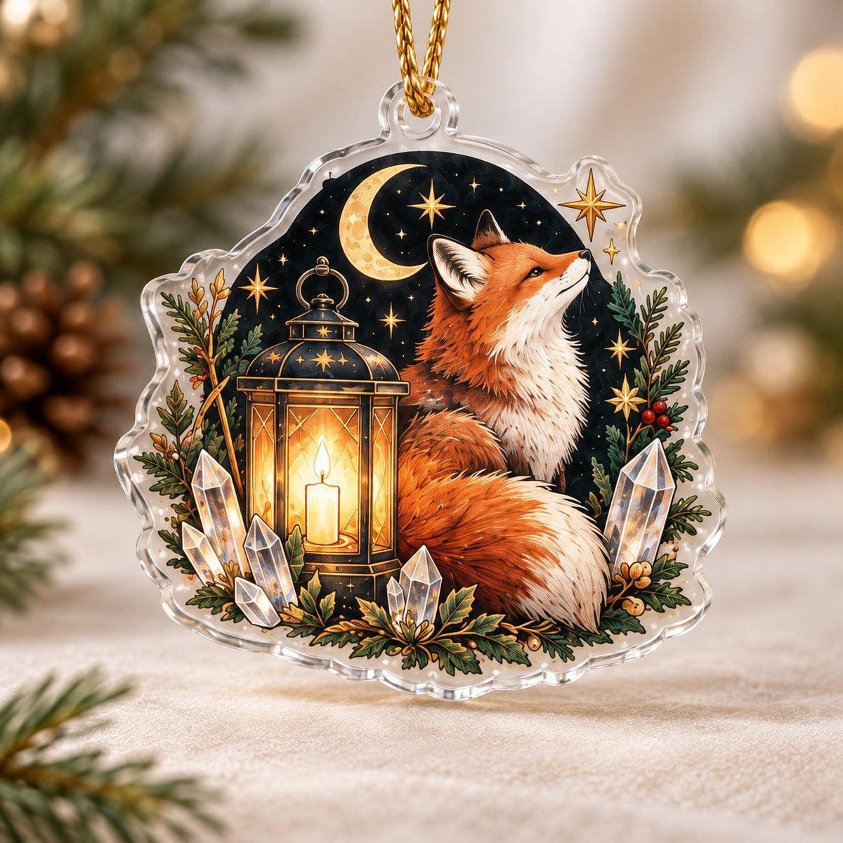 Fox Familiar Woodland Acrylic Ornament Set – Witchy Yule Christmas Decor – Lantern Fox ornament