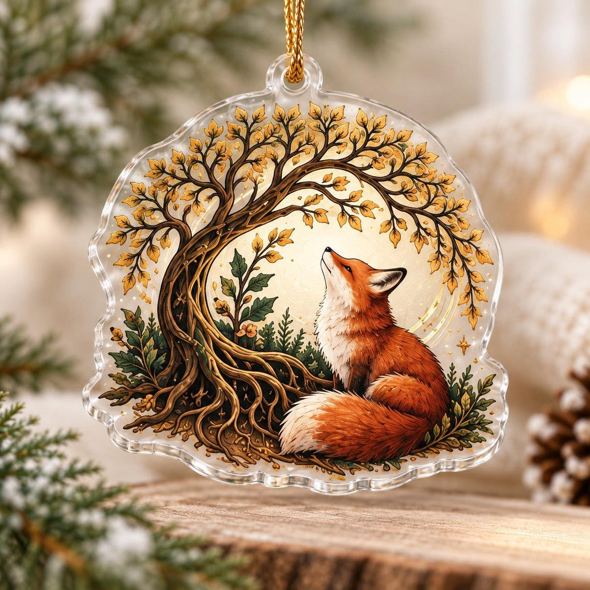Fox Familiar Woodland Acrylic Ornament Set – Witchy Yule Christmas Decor – Golden Tree Fox ornament
