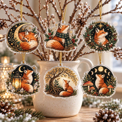 Fox Familiar Woodland Acrylic Ornament Set – Witchy Yule Christmas Decor – set of 6, another view