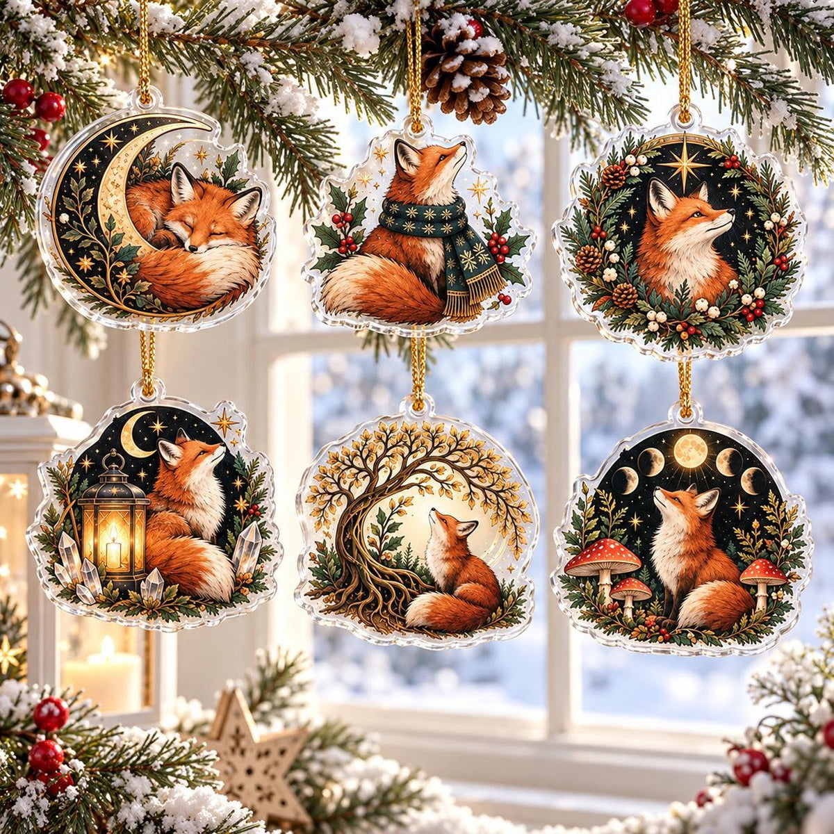 Fox Familiar Woodland Acrylic Ornament Set – Witchy Yule Christmas Decor – set of 6 acrylic ornaments