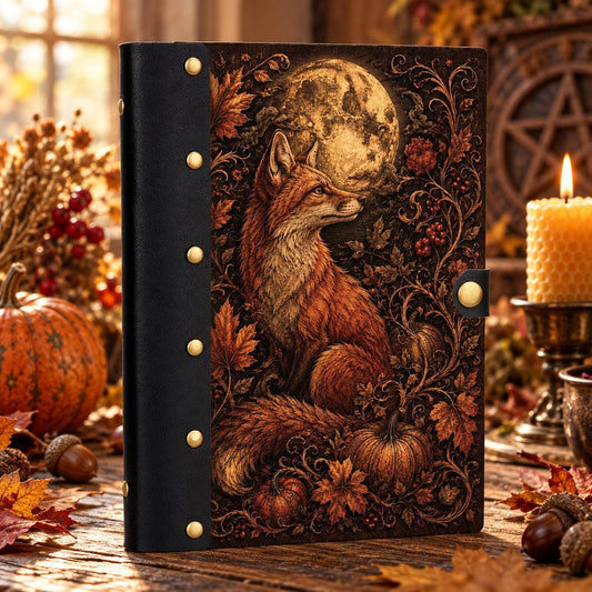 Fox Moon Autumn Pumpkin Journal on a candlelit pagan ritual altar