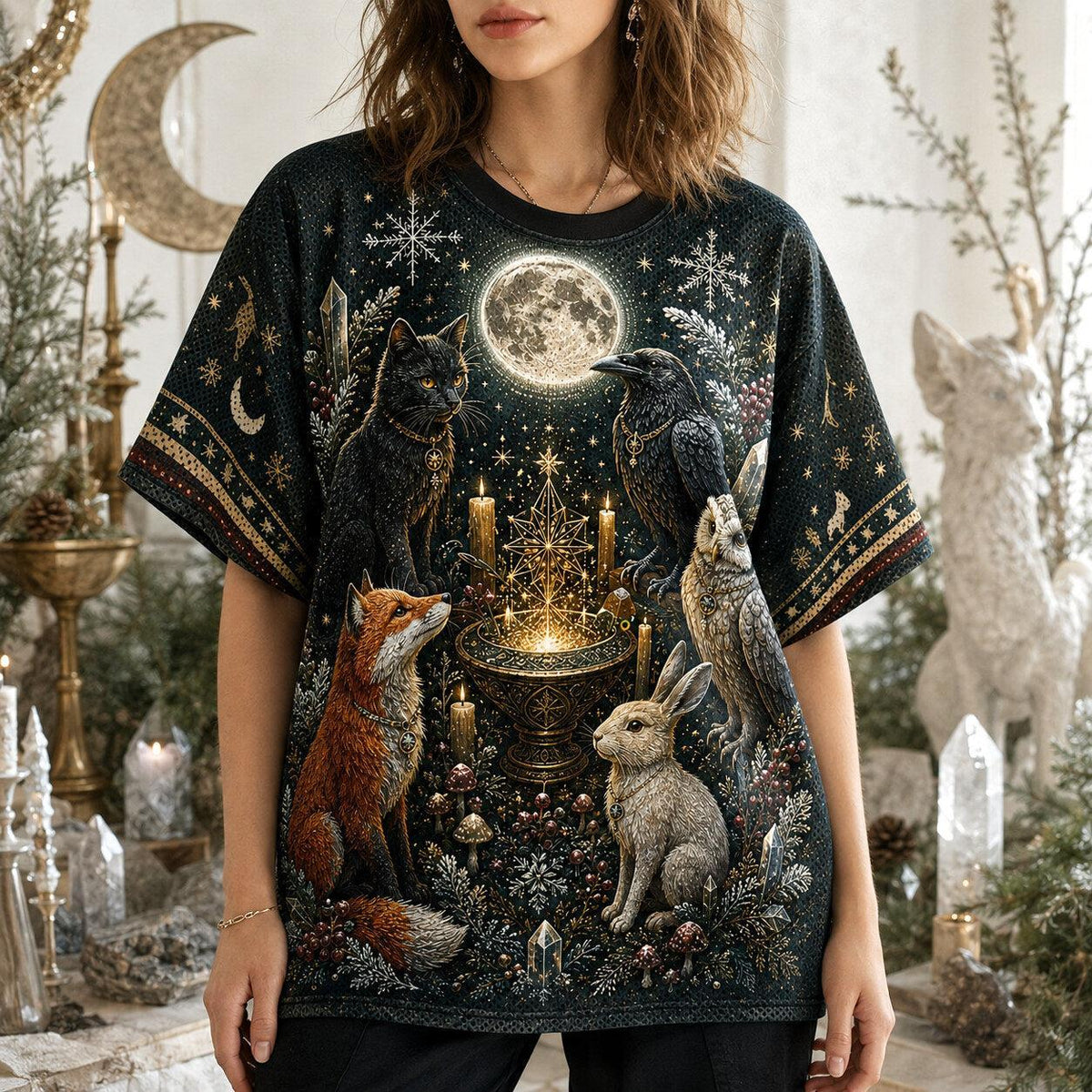 Fox Owl Hare T-Shirt Full Moon Woodland Familiar Winter Tee worn, front view
