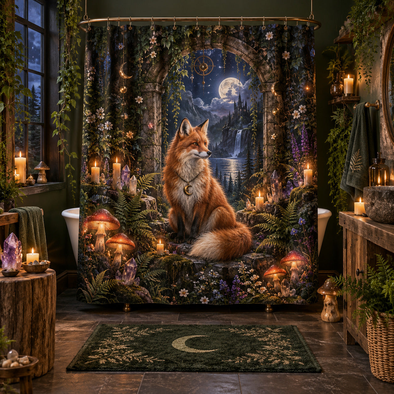 Fox Shower Curtain - Enchanted Forest Witchy Moon Decor