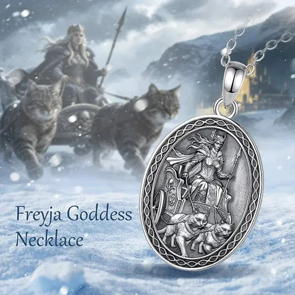 Freya necklace with Norse goddess and cat artwork