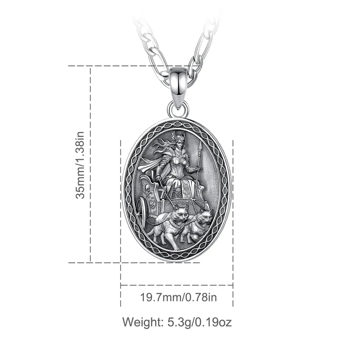 Freya pendant size diagram, 35 by 19.7 mm