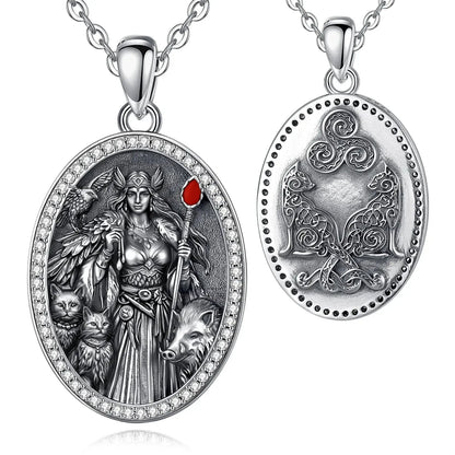 Freya goddess necklace with triskelion, cat, boar and falcon pendant
