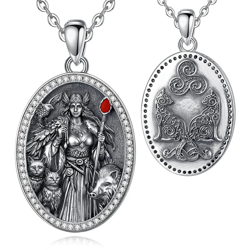 Freya Goddess Necklace with Triskelion, Cat, Boar & Falcon Pendant