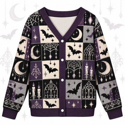 Full Moon Bats Gothic Window Halloween Cardigan for Women Purple, front view