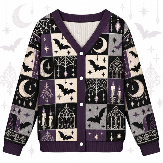 Full Moon Bats Gothic Window Halloween Cardigan for Women Purple, front view
