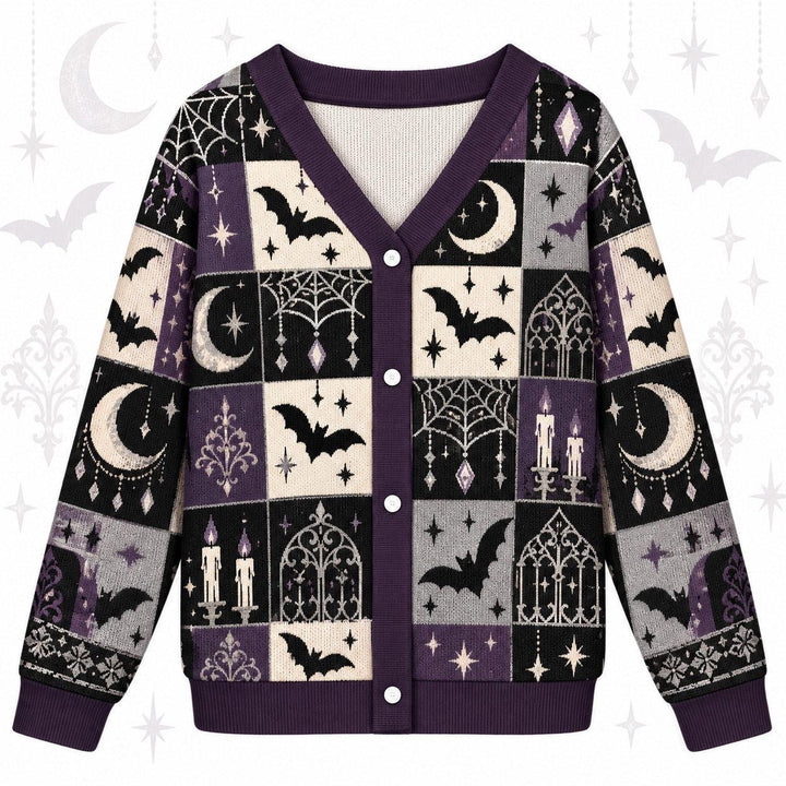Full Moon Bats Gothic Window Halloween Cardigan for Women Purple, front view
