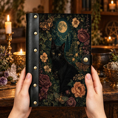 Full Moon Cat Moth Peony Journal - Vintage Witch Grimoire — view 2 on a realistic Pagan ritual altar